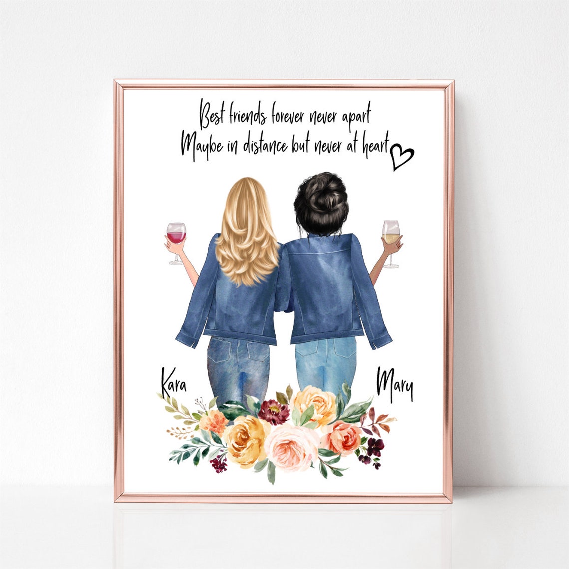 Two Best Friends In Denim Jackets With Wine And Floral Poster - Image 2