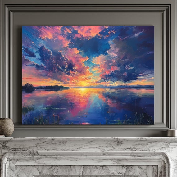 Sunset Lake Print Landscape Modern Painting Nature Calm Relaxing Wall Print Airbnb Art Wall Decor