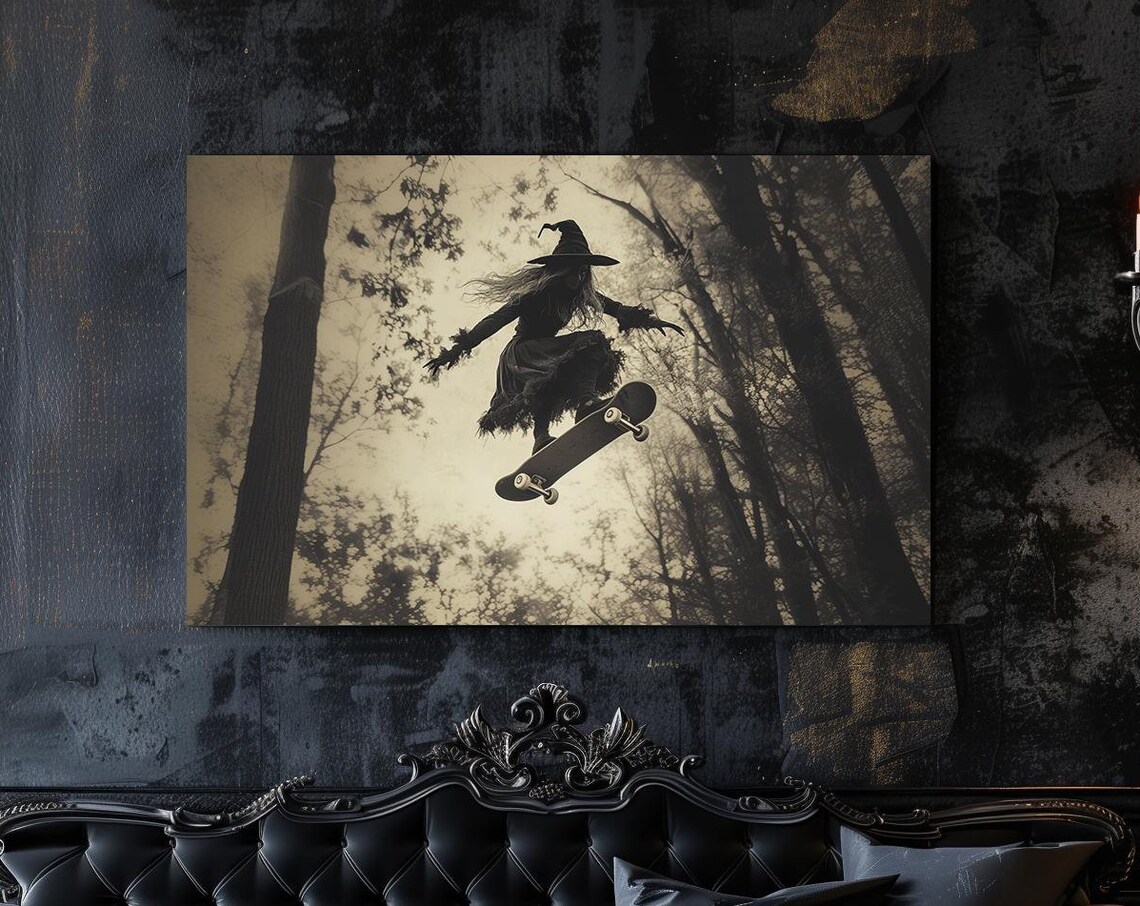 Witch Skateboarding Over Forest Trick Vintage Sepia Halloween Poster