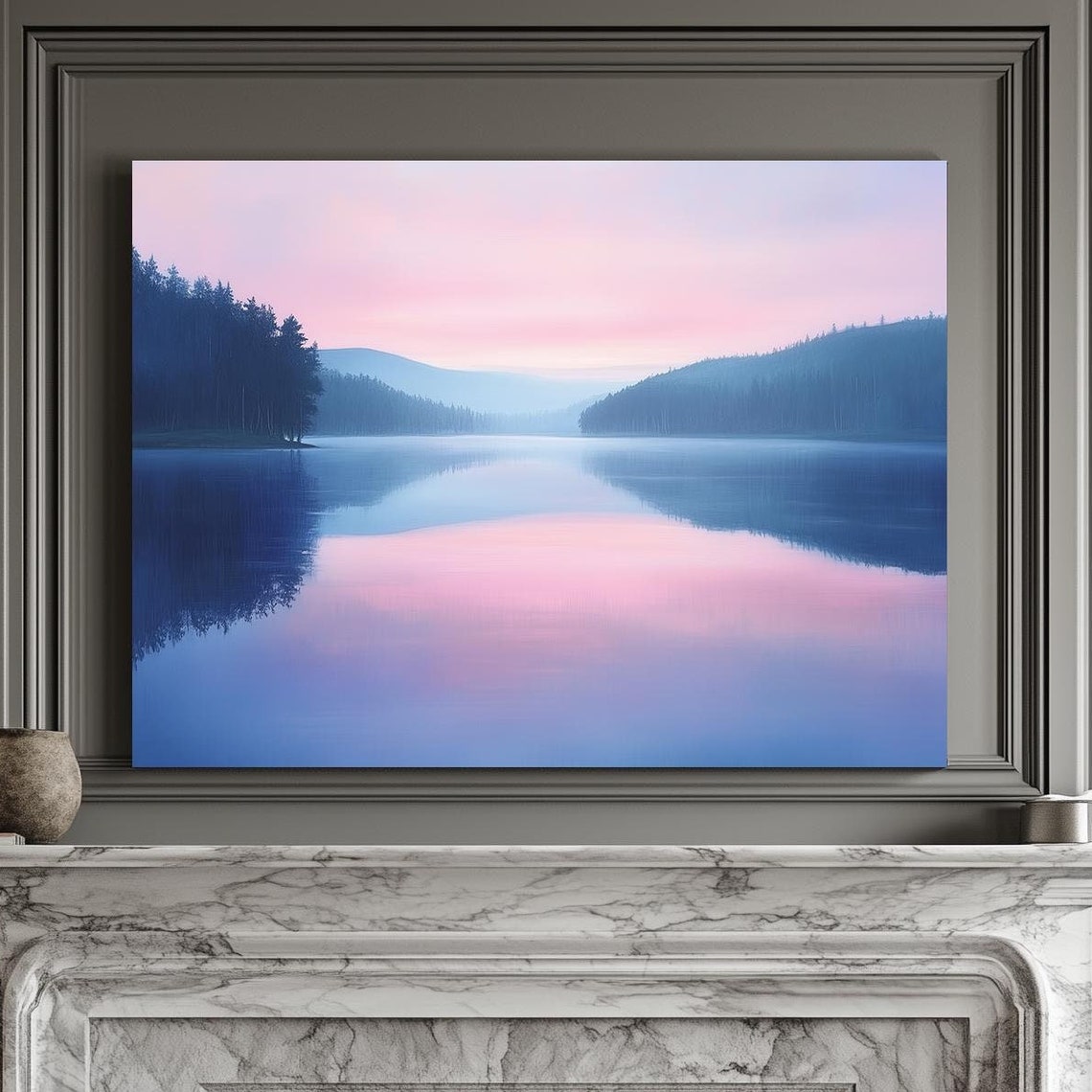 Morning Misty Lake Sunrise Pink Reflection Pine Forest Print