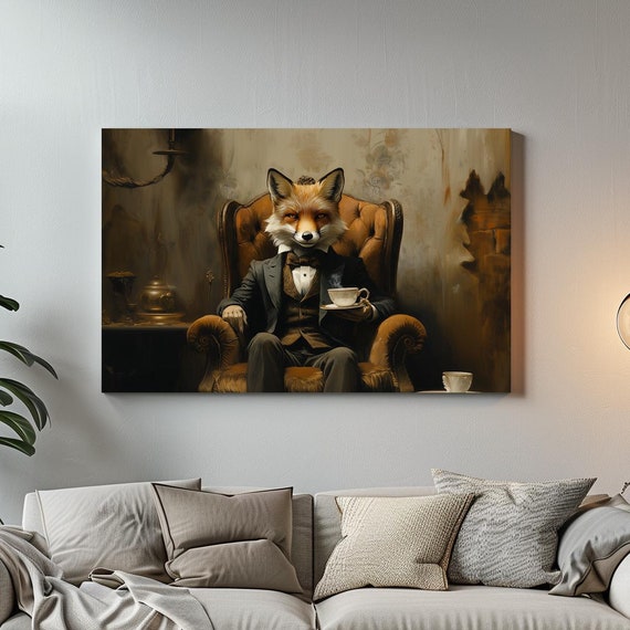 A Fox For Tea Maximalist Eclectic Victorian Print Bold Altered Tea Party Portrait Fantasy Fun Colorful Renaissance Rustic Art