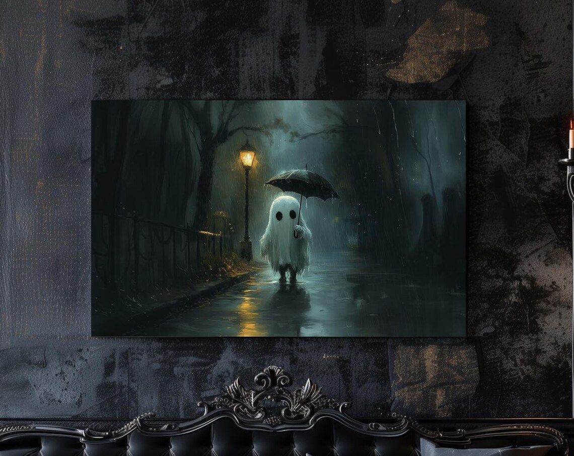 Little Ghost Umbrella Rainy Night Street Cute Halloween Poster