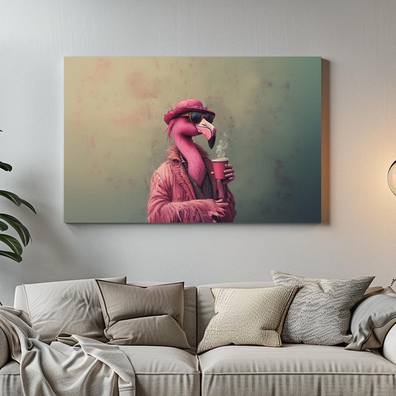 Hipster Flamingo Coffee Maximalist Eclectic Victorian Print Bold Altered Party Portrait Fantasy Fun Colorful Renaissance Rustic Art