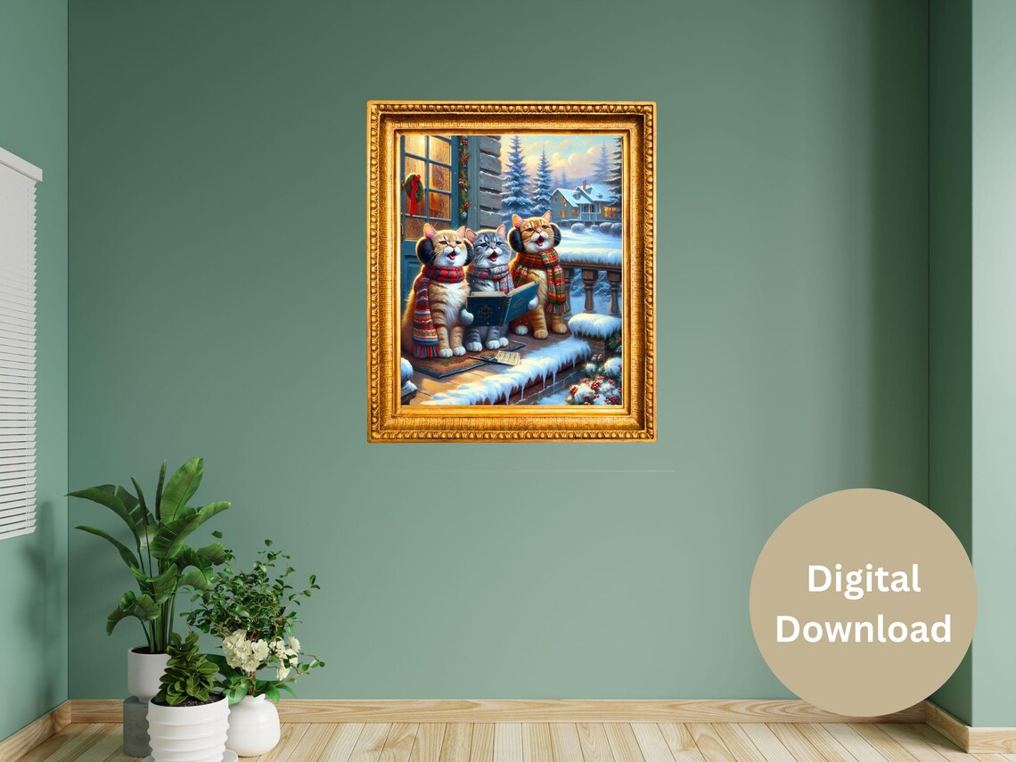 Three Cats Caroling in Scarves on a Snowy Porch Christmas Poster - Image 2