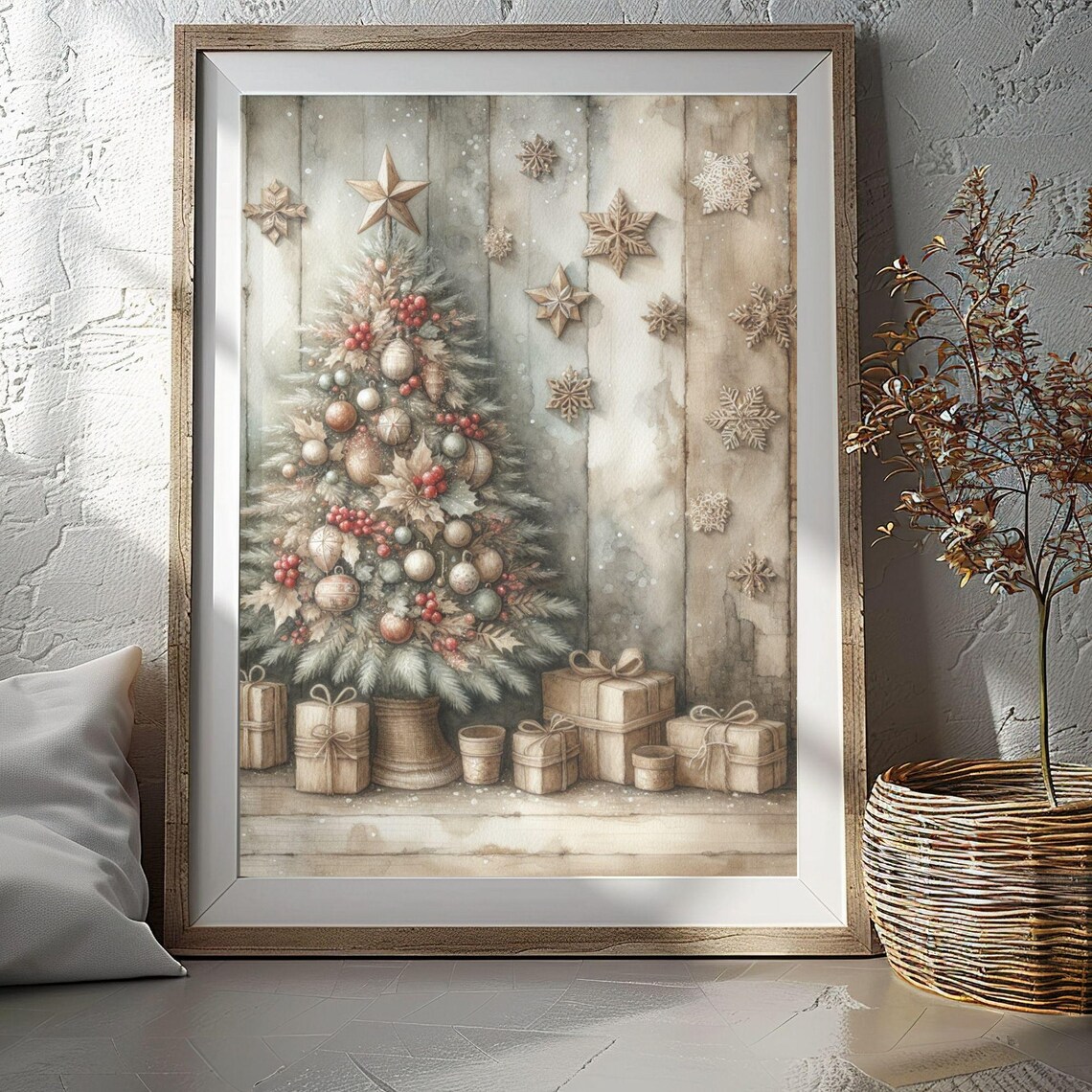 Vintage Decorated Christmas Tree Gifts Rustic Farmhouse Poster