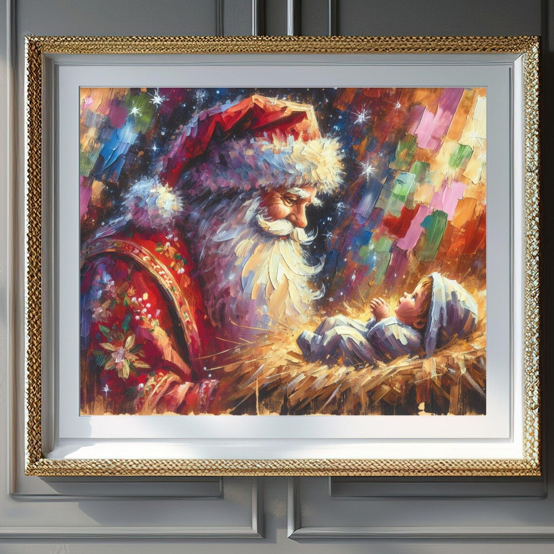 Santa Claus Gazing at Newborn Baby in Manger Christmas Poster