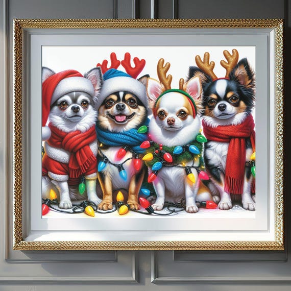 Christmas Wall Art Wall Art Of 4 Adorable Chihuahuas In Christmas Lights And Santa Hats Festive Dog Decor Cute Pet Art
