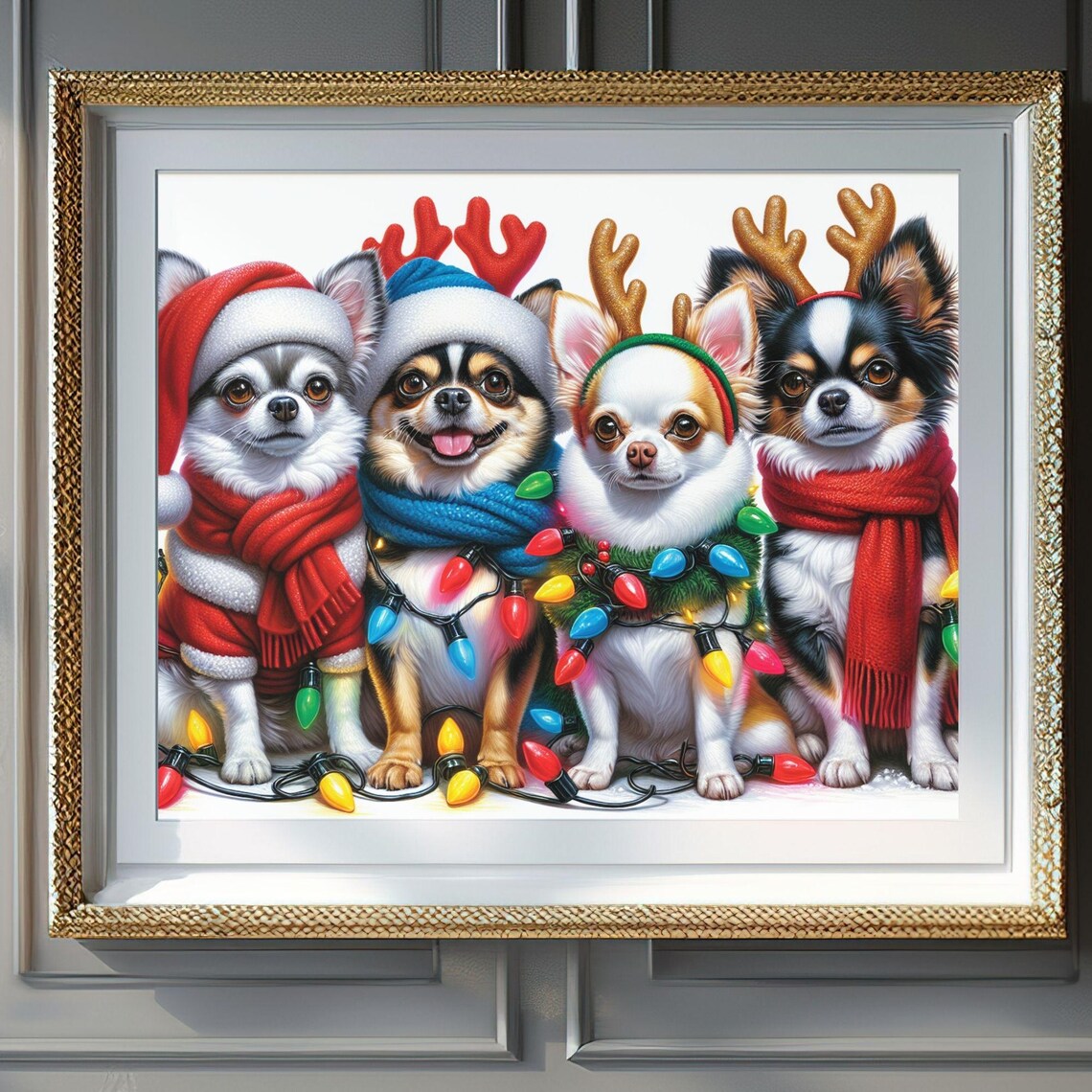 Four Cute Chihuahuas in Christmas Outfits Dogs Holiday Wall Art