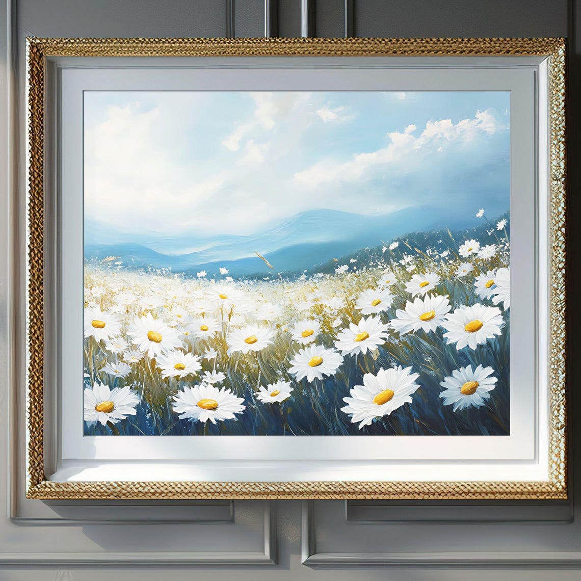 White Daisies Misty Blue Mountain Field Meadow Landscape Poster