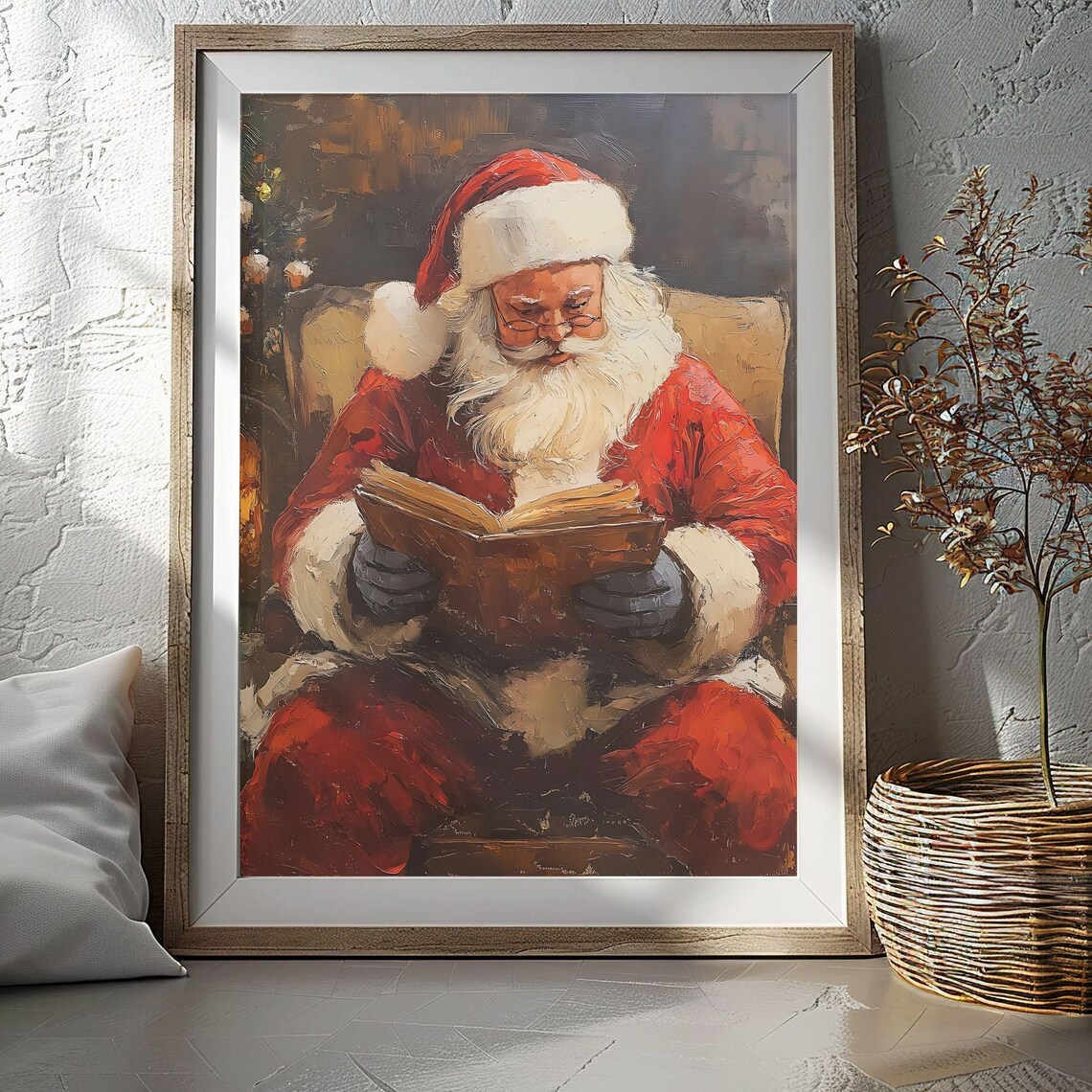 Santa Reading a Book Cozy Christmas Oil Painting Holiday Poster