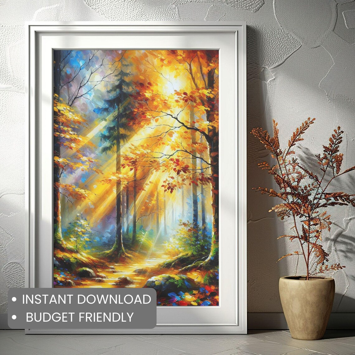 Autumn Forest Sunrise Acrylic Painting Golden Fall Trees Morning Light Poster - Image 2