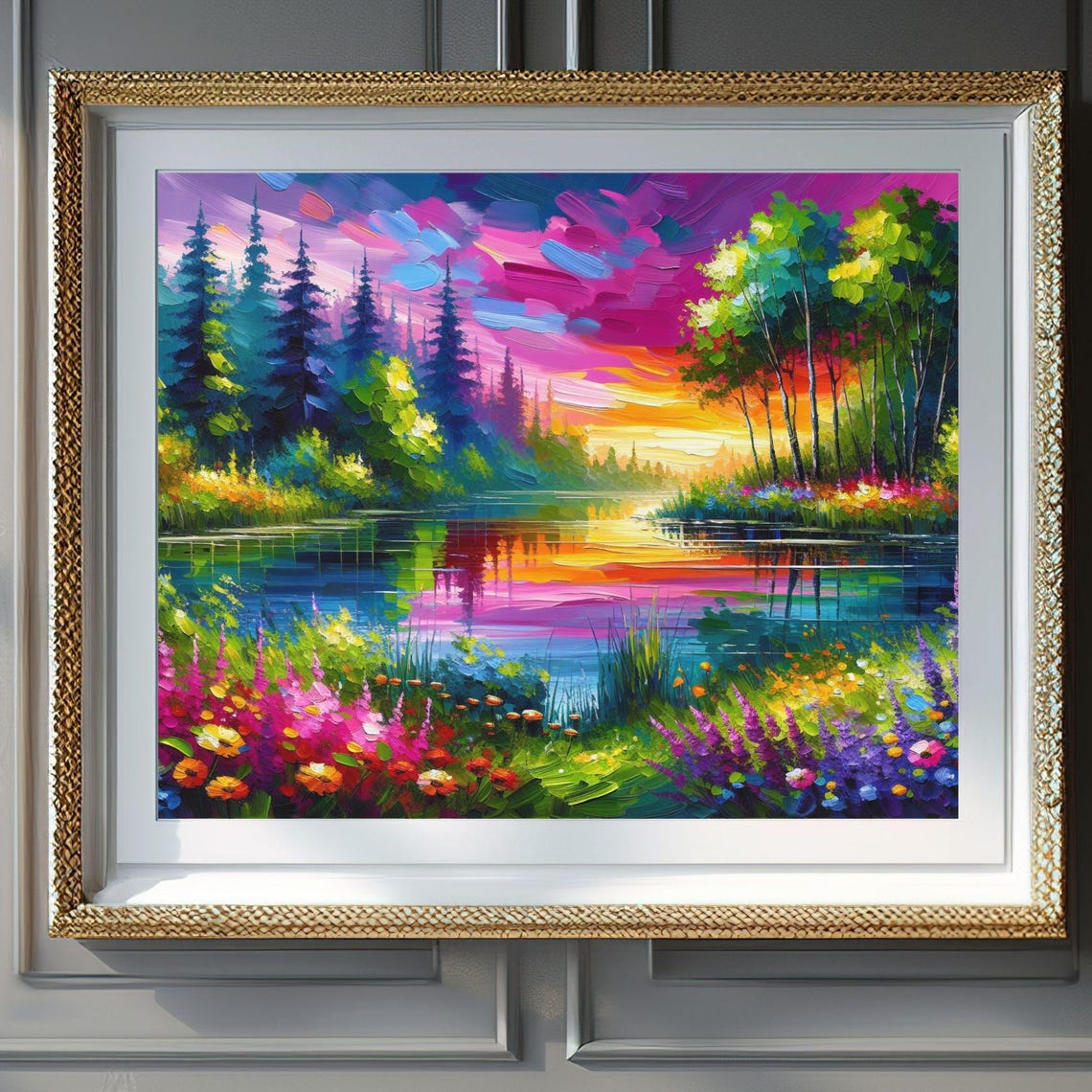 Colorful Sunset Lake Pine Trees Wildflowers Impressionist Poster