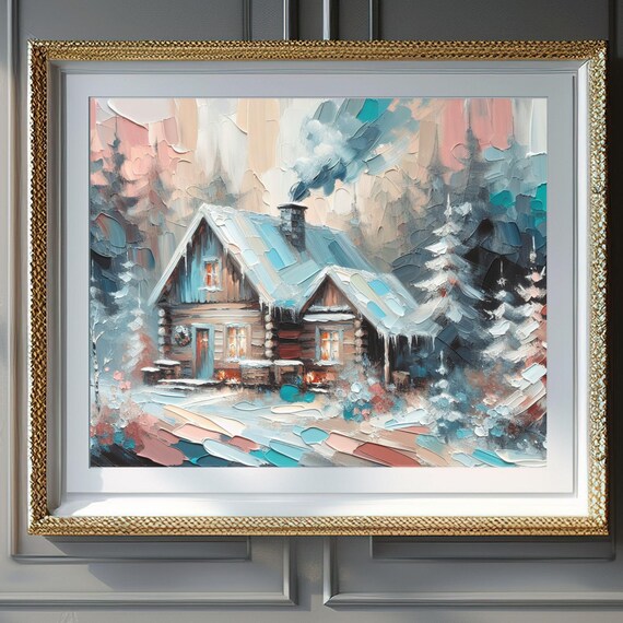 Cozy Rustic Cabin In Winter Snow Glowing Windows Icicles Wall Art