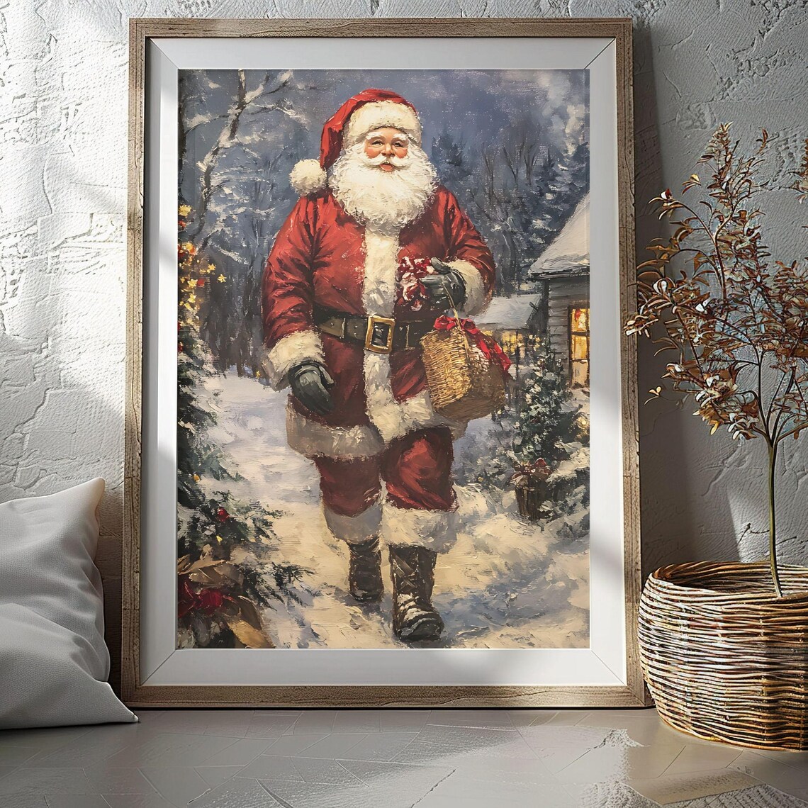 Santa Claus Walking Snowy Village Gift Basket Christmas Poster