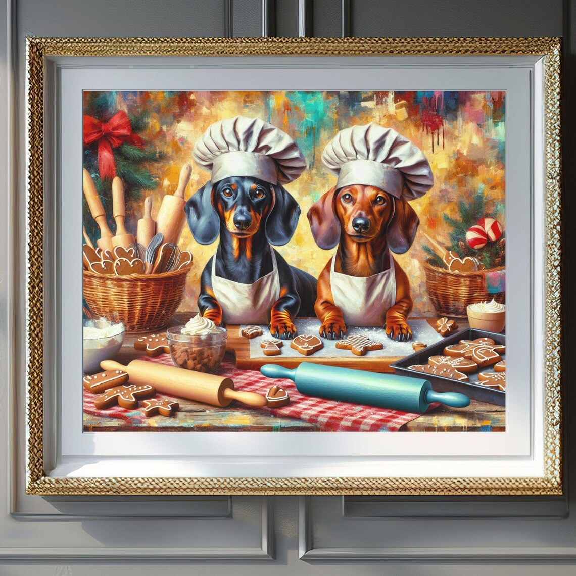 Two Dachshund Chefs Baking Gingerbread Cookies Holiday Poster
