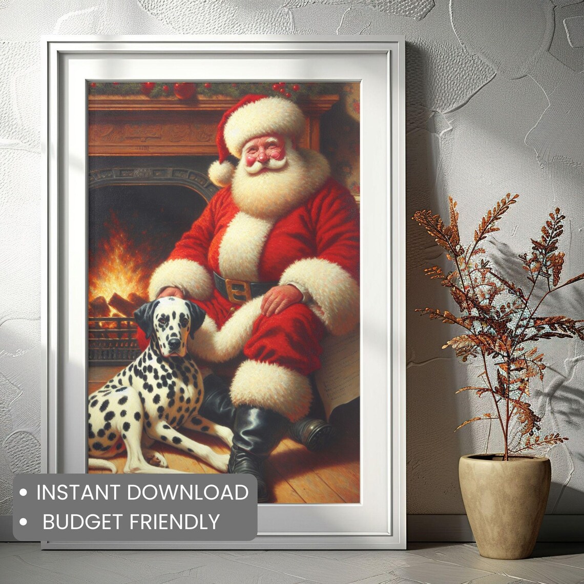 Santa Claus Dalmatian Dog Fireside Cozy Christmas Painting Poster - Image 2
