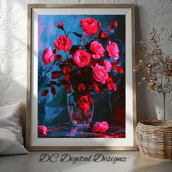 Neon Red Roses in Glass Vase on Deep Blue Modern Dramatic Poster