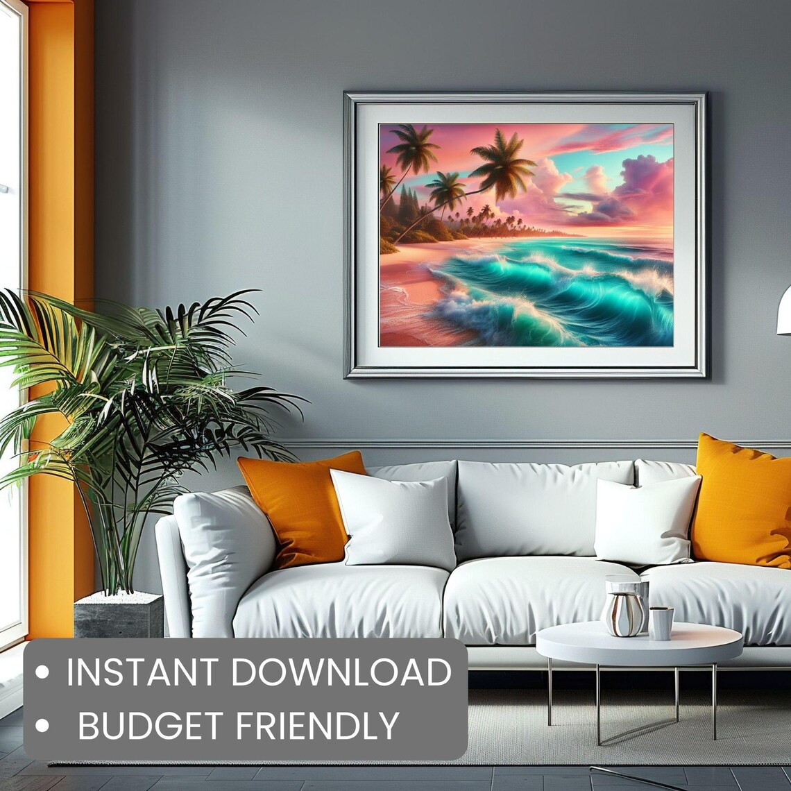 Tropical Beach Sunset Palm Trees Turquoise Waves Pink Sky Poster - Image 2