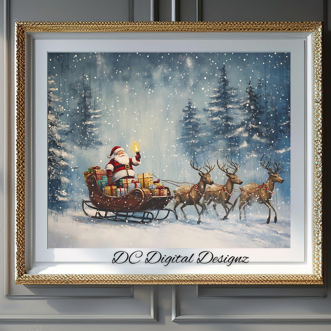 Santa On Sleigh With Reindeer, Watercolor Christmas