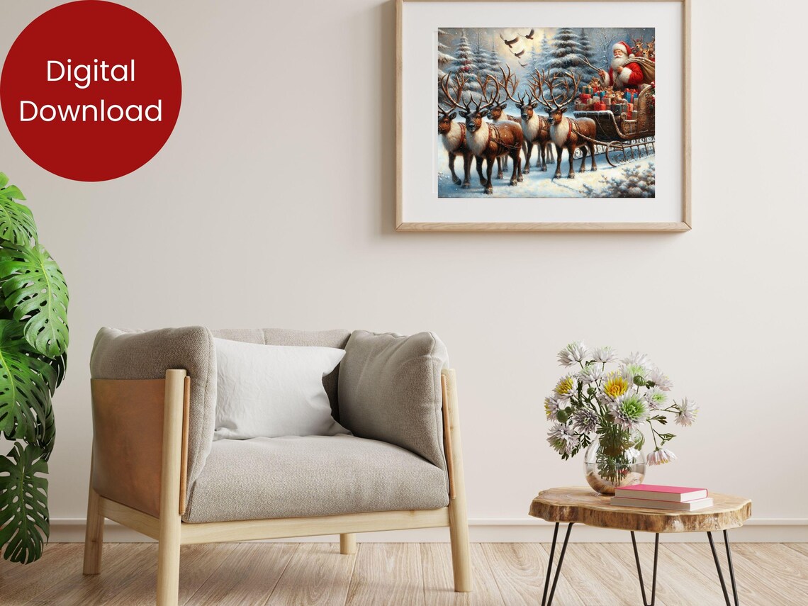 Santa Claus Sleigh Reindeer Team Snowy Forest Holiday Poster - Image 2