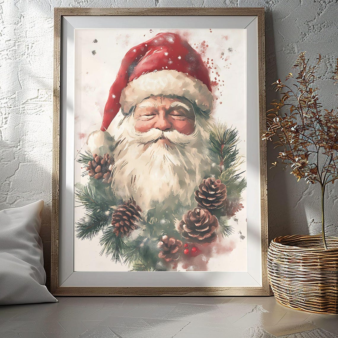 Peaceful Santa Claus Face with Pinecone Wreath Watercolor Poster