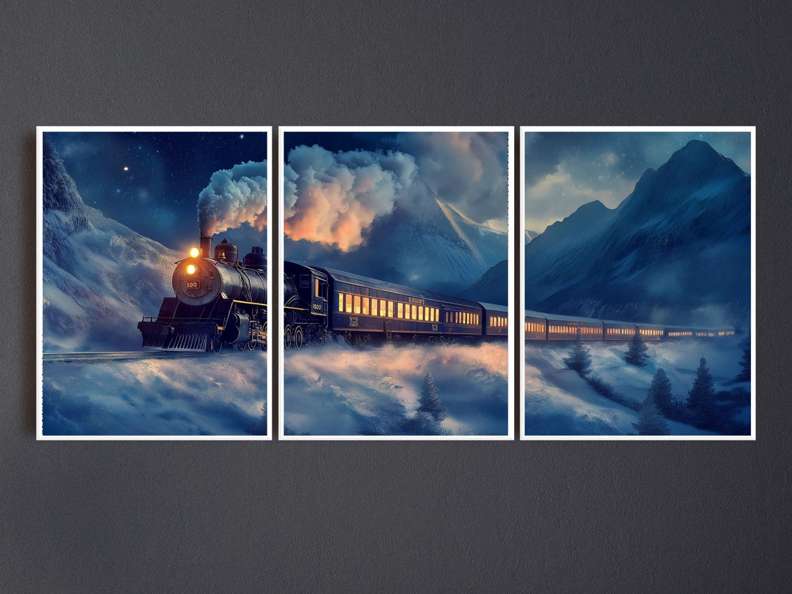 Polar Express Style Steam Train Snowy Mountain Night 3 Panel Poster