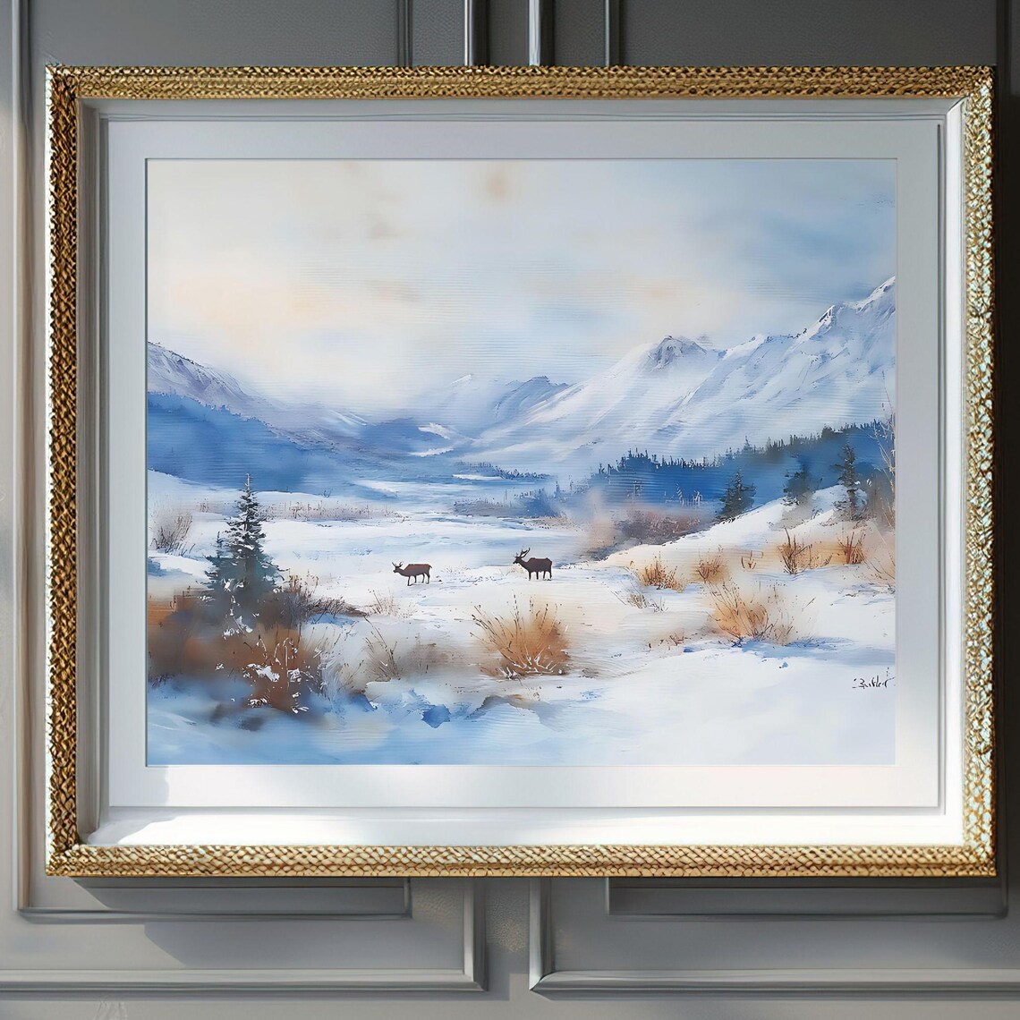 Pair of Deer in a Snowy Blue Mountain Valley Winter Watercolor Poster