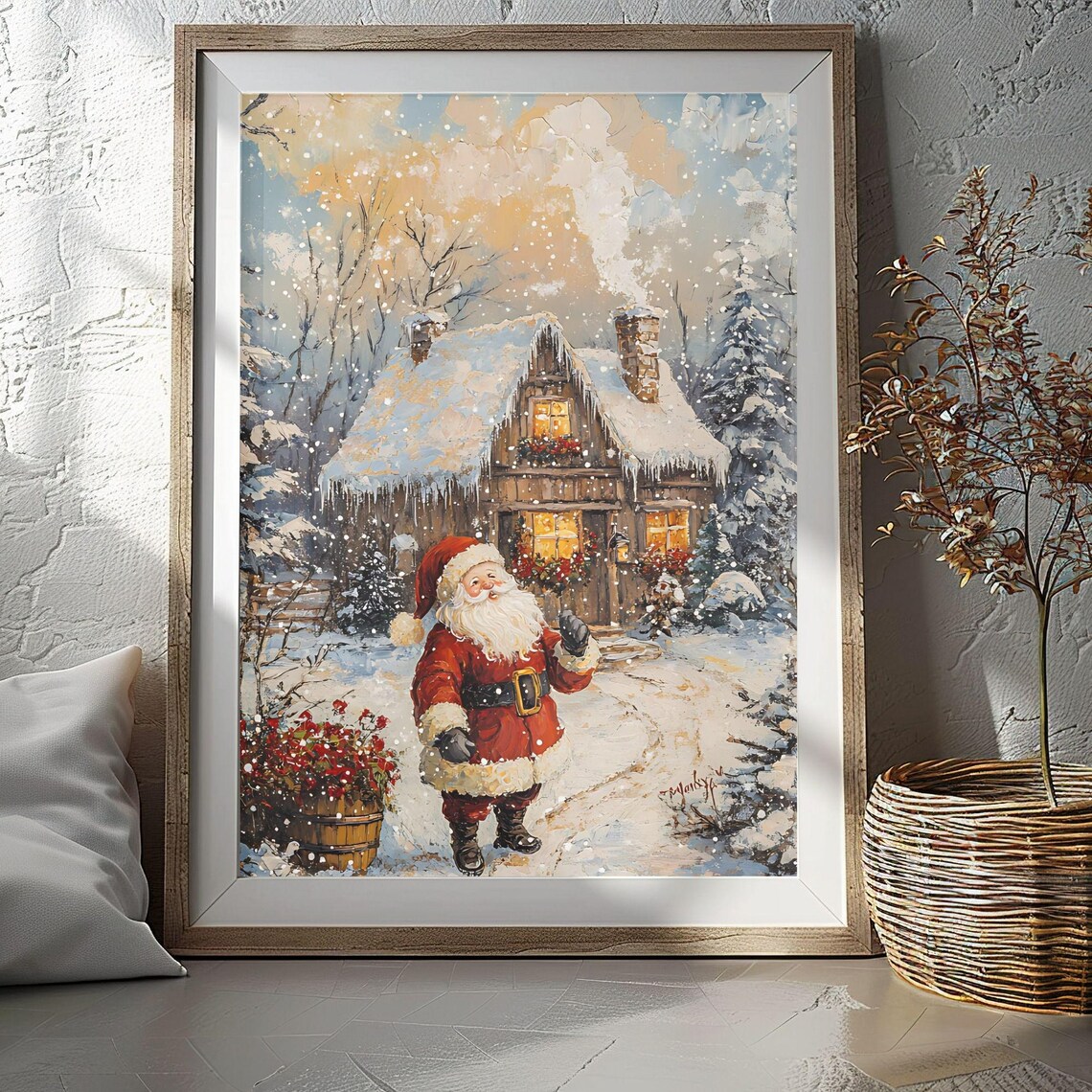 Santa Claus Cozy Snowy Cabin Glowing Windows Christmas Poster