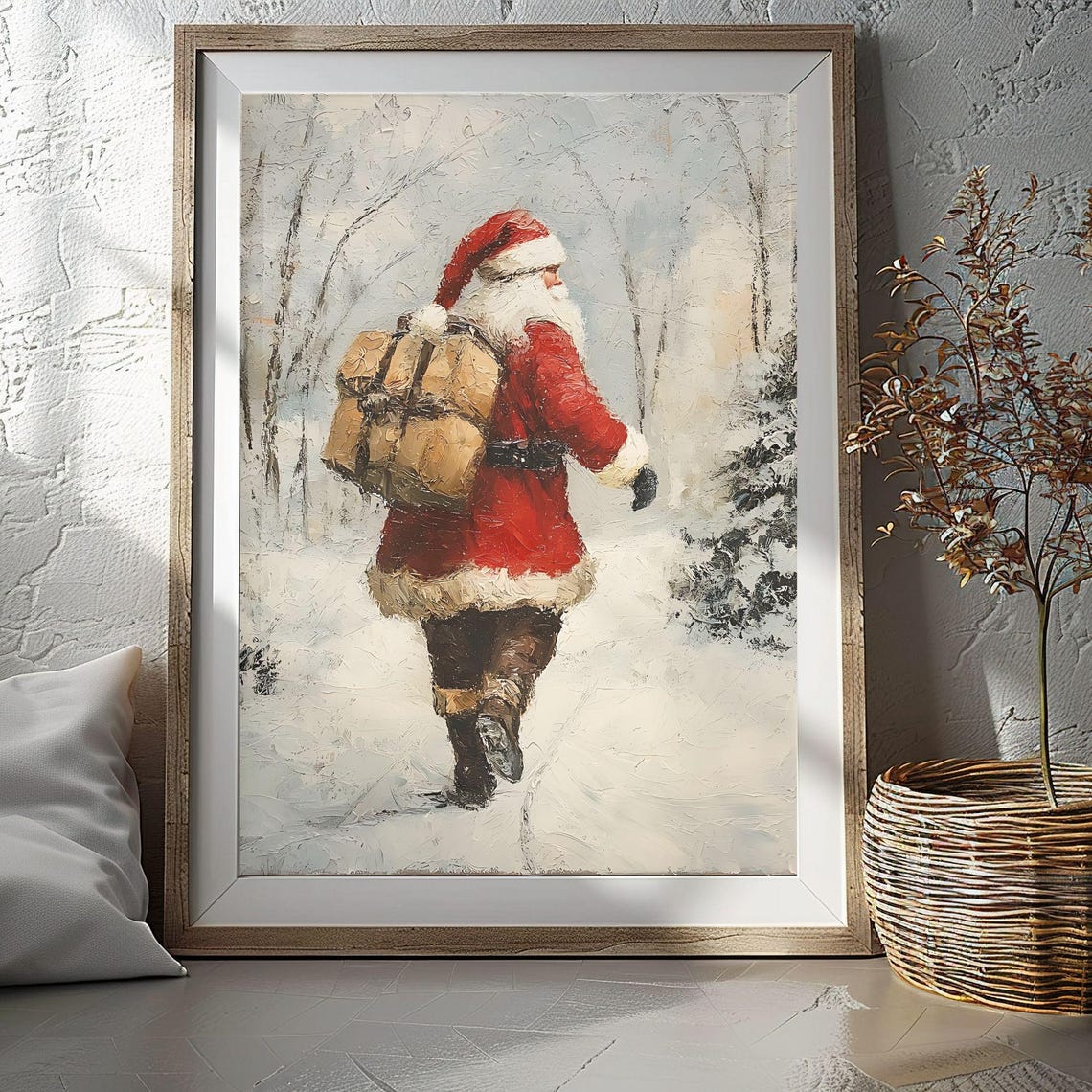 Santa Claus Walking With Gift Sack Snowy Forest Vintage Style Poster