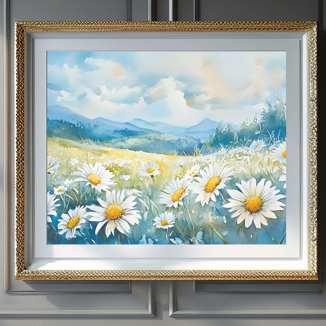 Daisy Meadow Mountain View Sunny Watercolor Landscape Poster
