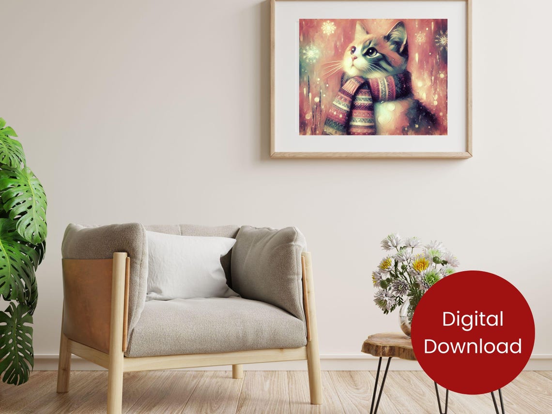 Kitten in a Knit Scarf Pastel Winter Watercolor Painting Poster - Image 2