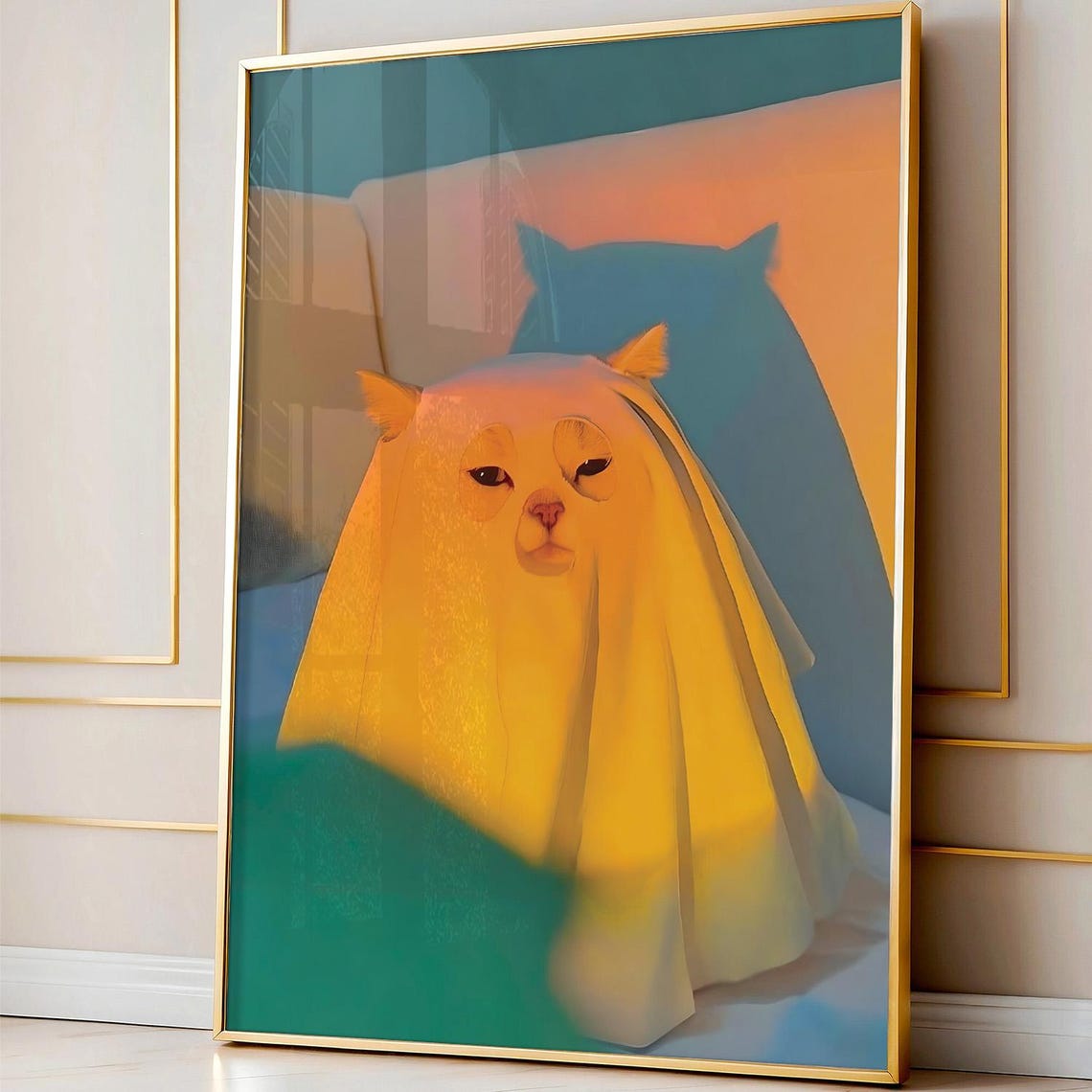 Spooky Ginger Cat In Ghost Sheet Colorful Halloween Wall Art