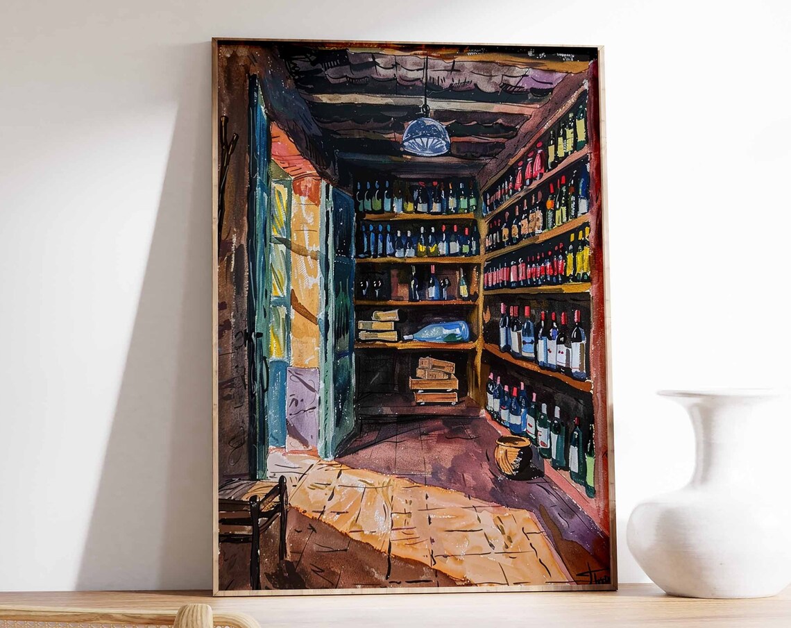 Narrow Wine Shop Interior Art Poster Bottle Shelves Warm Light Scene