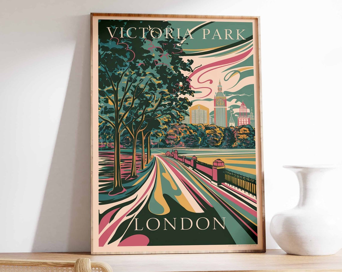 Victoria Park London Art Deco Skyline Tree Lined Path Poster