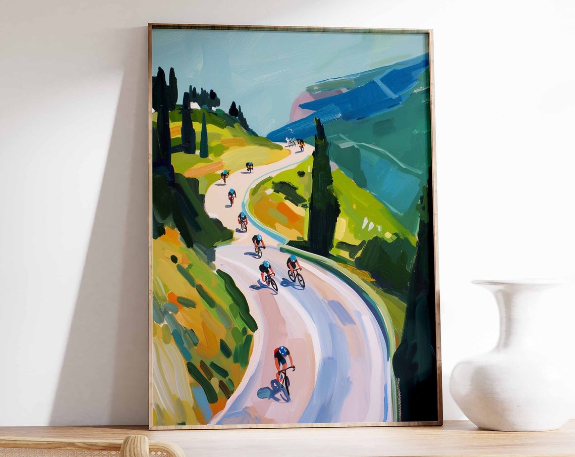 Cyclists Riding Past Cypress Trees Blue Mountain Road Poster