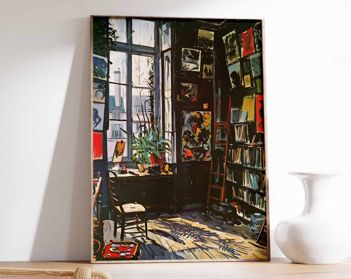 Dark Book Filled Study with French Windows Gallery Walls Poster
