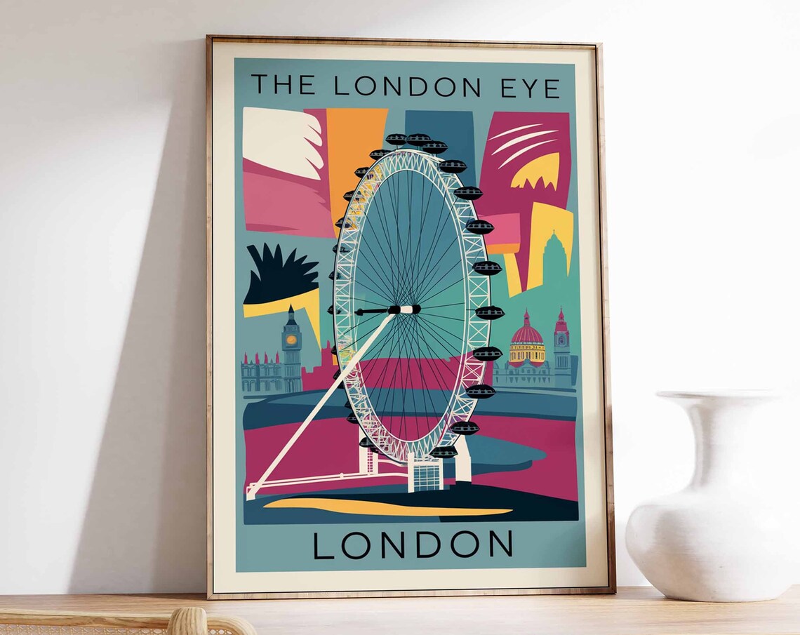 The London Eye Colorful Wheel London Skyline Landmark Poster