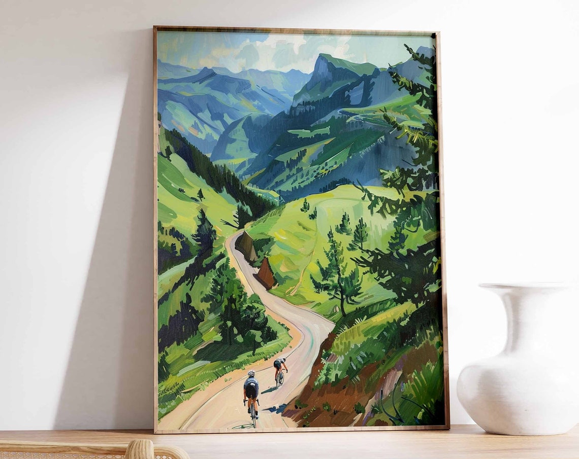 Two Cyclists Climbing Green Mountain Switchback Road Painting Poster