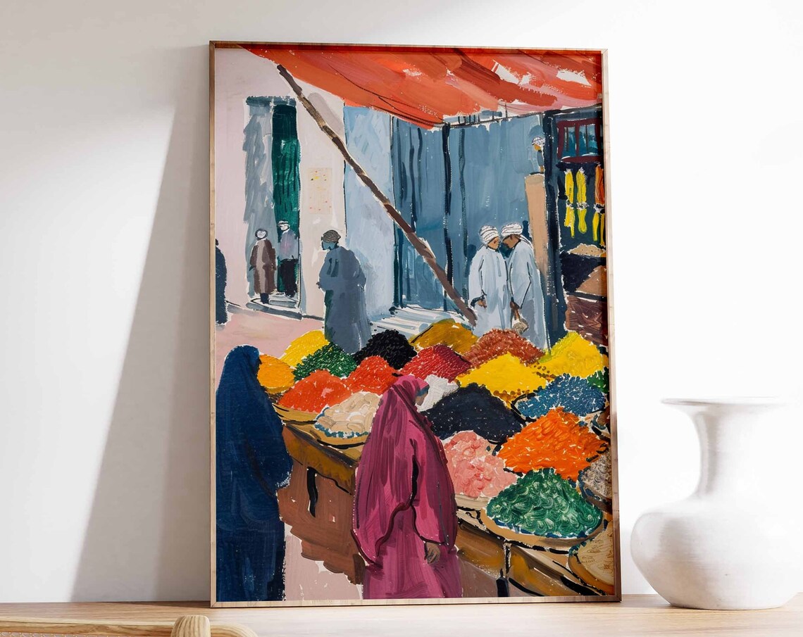 Vibrant Colorful Spice Market Stalls and Shoppers Bazaar Poster