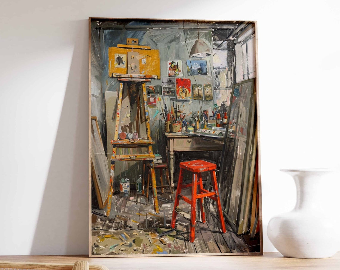 Painter Atelier with Tall Easel and Vintage Red Stool Studio Poster