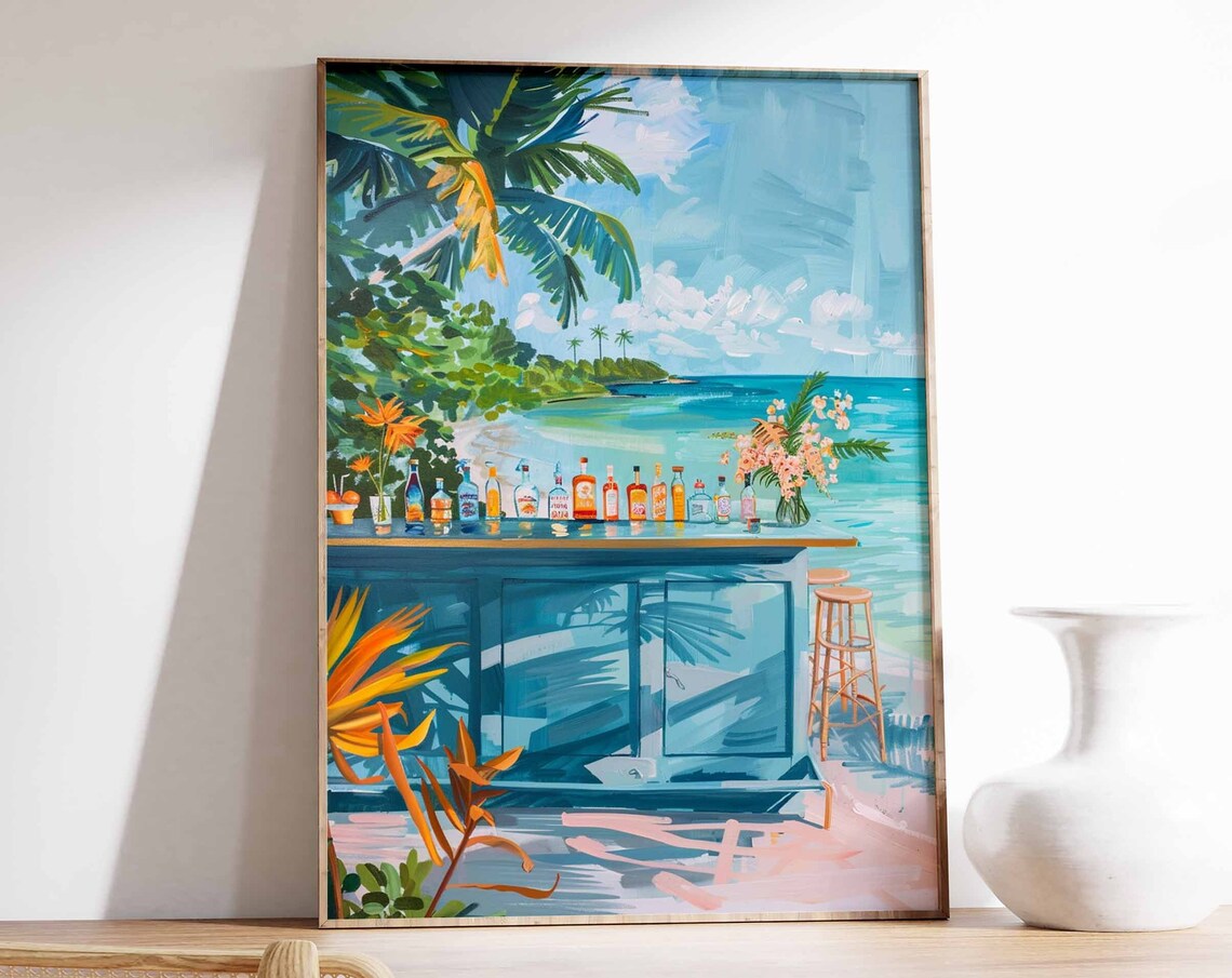 Blue Beach Bar Counter Tropical Flowers Turquoise Lagoon View Poster