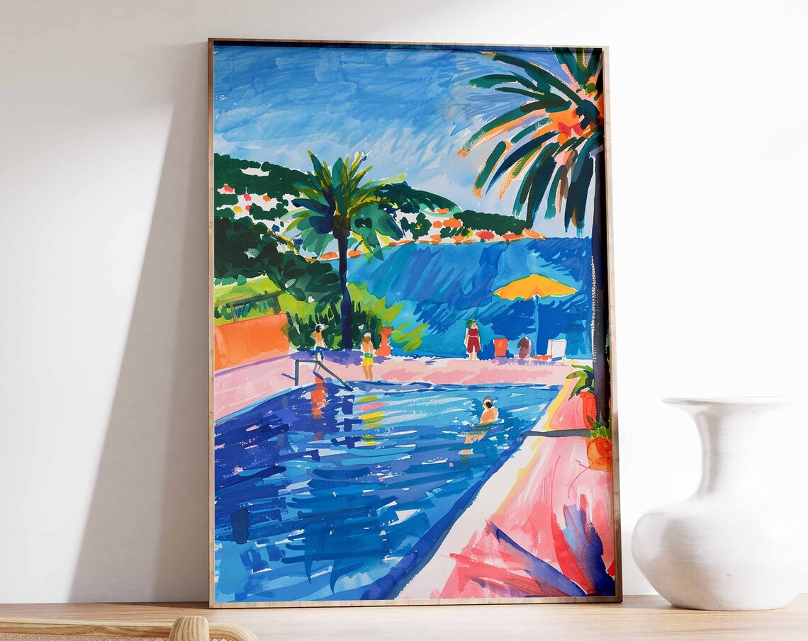 Mediterranean Poolside Palm Trees Yellow Umbrella Sea Art Poster