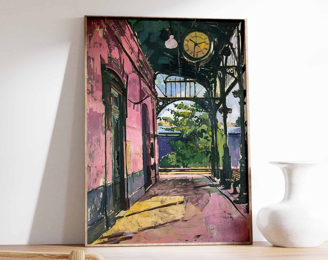 Pink Railway Station Building Under an Iron Canopy Clock Poster
