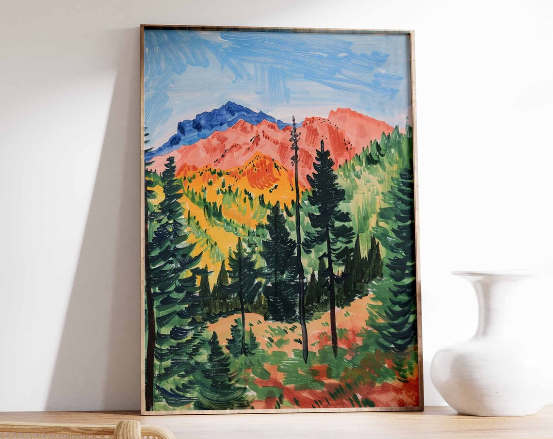 Fauvist Red Orange Mountains Pine Forest Vibrant Modern Art Print