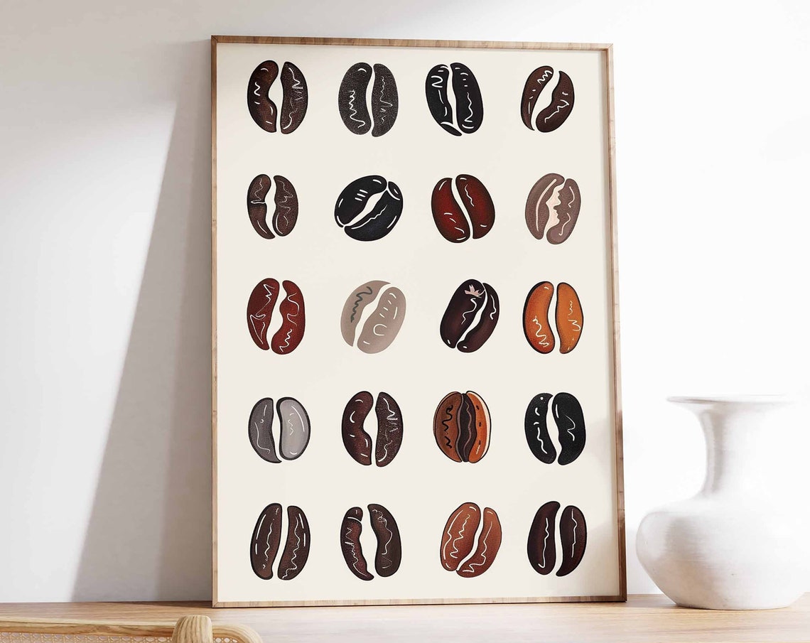 Hand Drawn Coffee Beans Illustrated Grid Kitchen Poster Coffee Decor