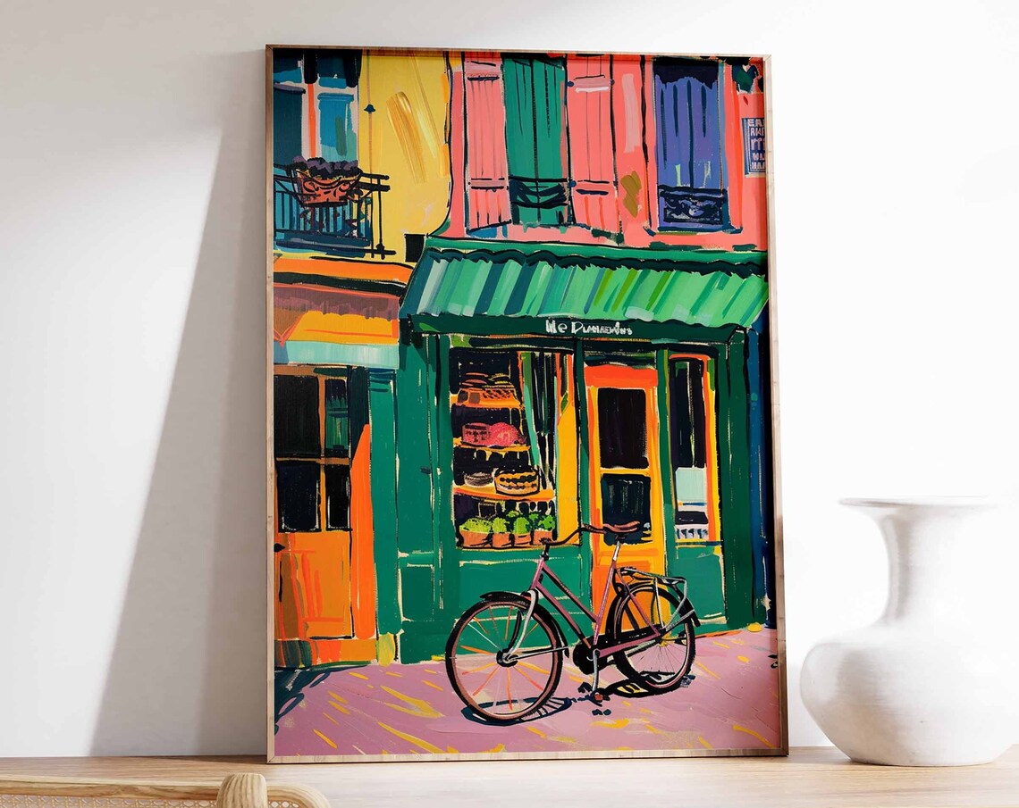 Colorful European Shop Front Bicycle Impressionist Street Art Poster