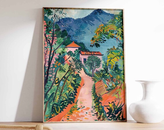 Colorful Path to Mountain Houses Flowering Hills Fauvist Art Poster