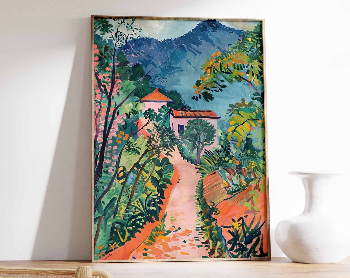 Colorful Path to Mountain Houses Flowering Hills Fauvist Art Poster