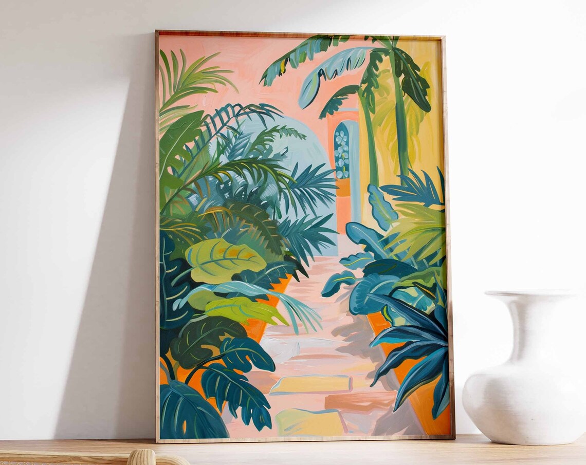 Tropical Garden Path Lush Foliage Peach Botanical Painted Art Print
