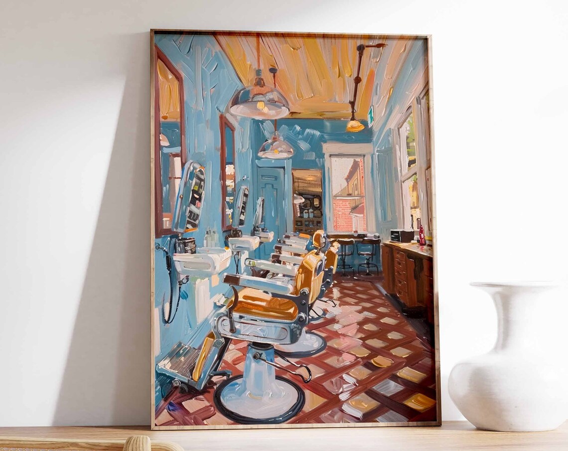 Sky Blue Barbershop Tan Chairs Retro Salon Interior Wall Art